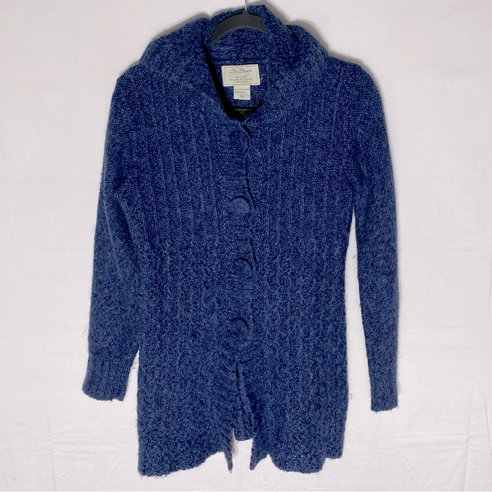 Vintage La Llama Blue Alpaca Blend Knit Button Front Cardigan W Hood M Boho